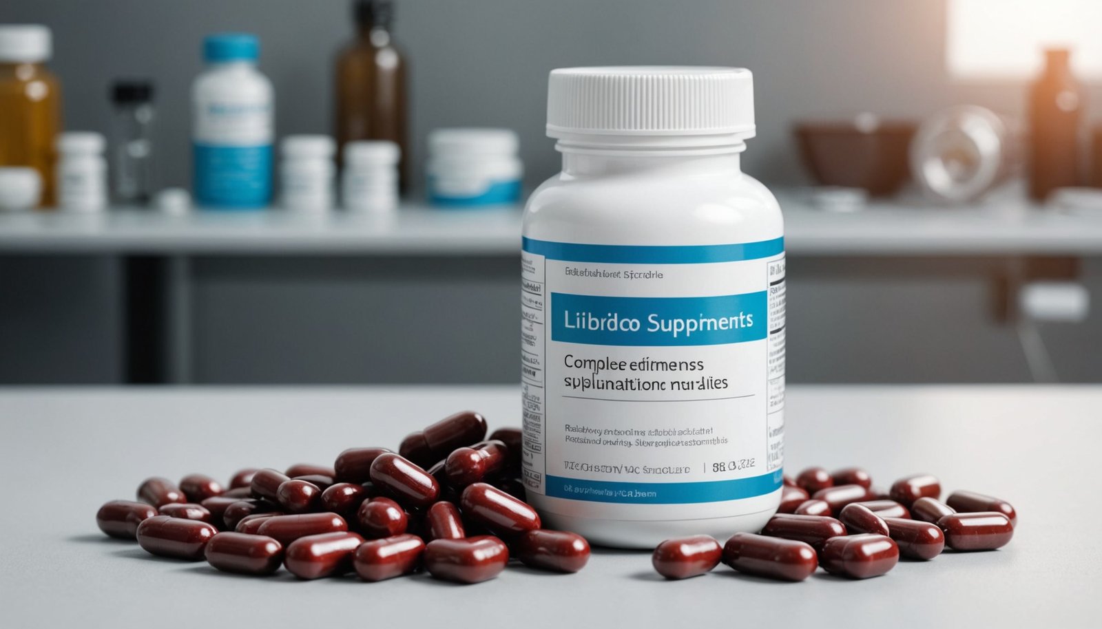 Natural libido supplements arranged on a studio table with plants and lifestyle elements symbolizing health and wellness